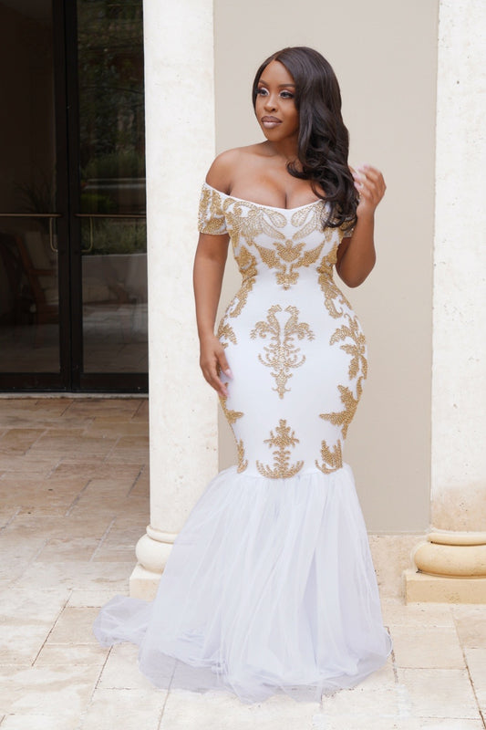 Royal syaila wedding (white dress with gold swarovski beads)