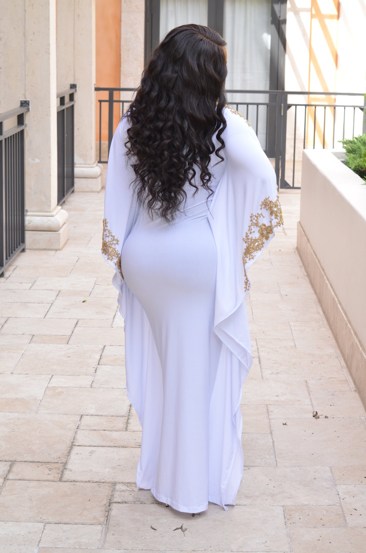 Royal primera kaftan (white with gold beads)
