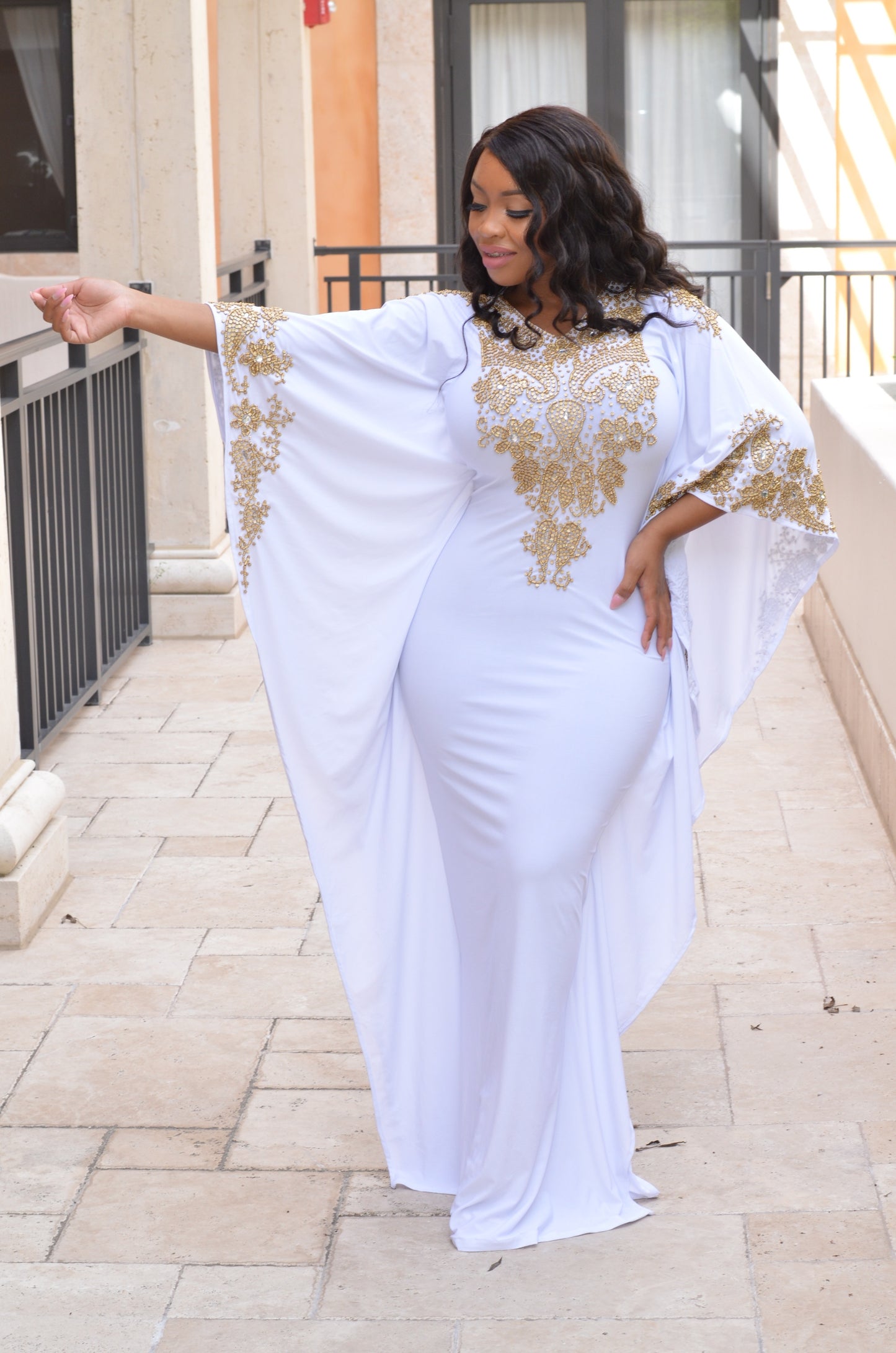 Royal primera kaftan (white with gold beads)