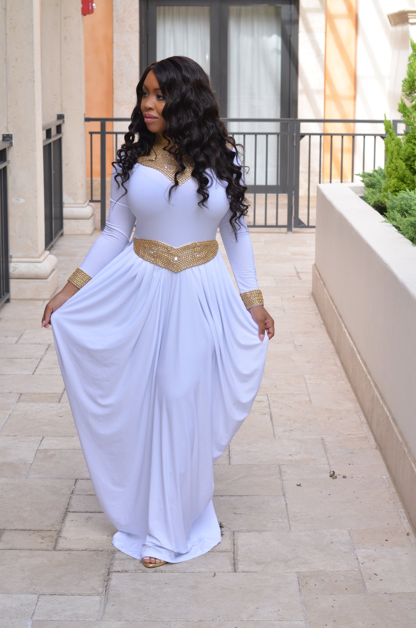 Mandira royal dress (white with gold beads)