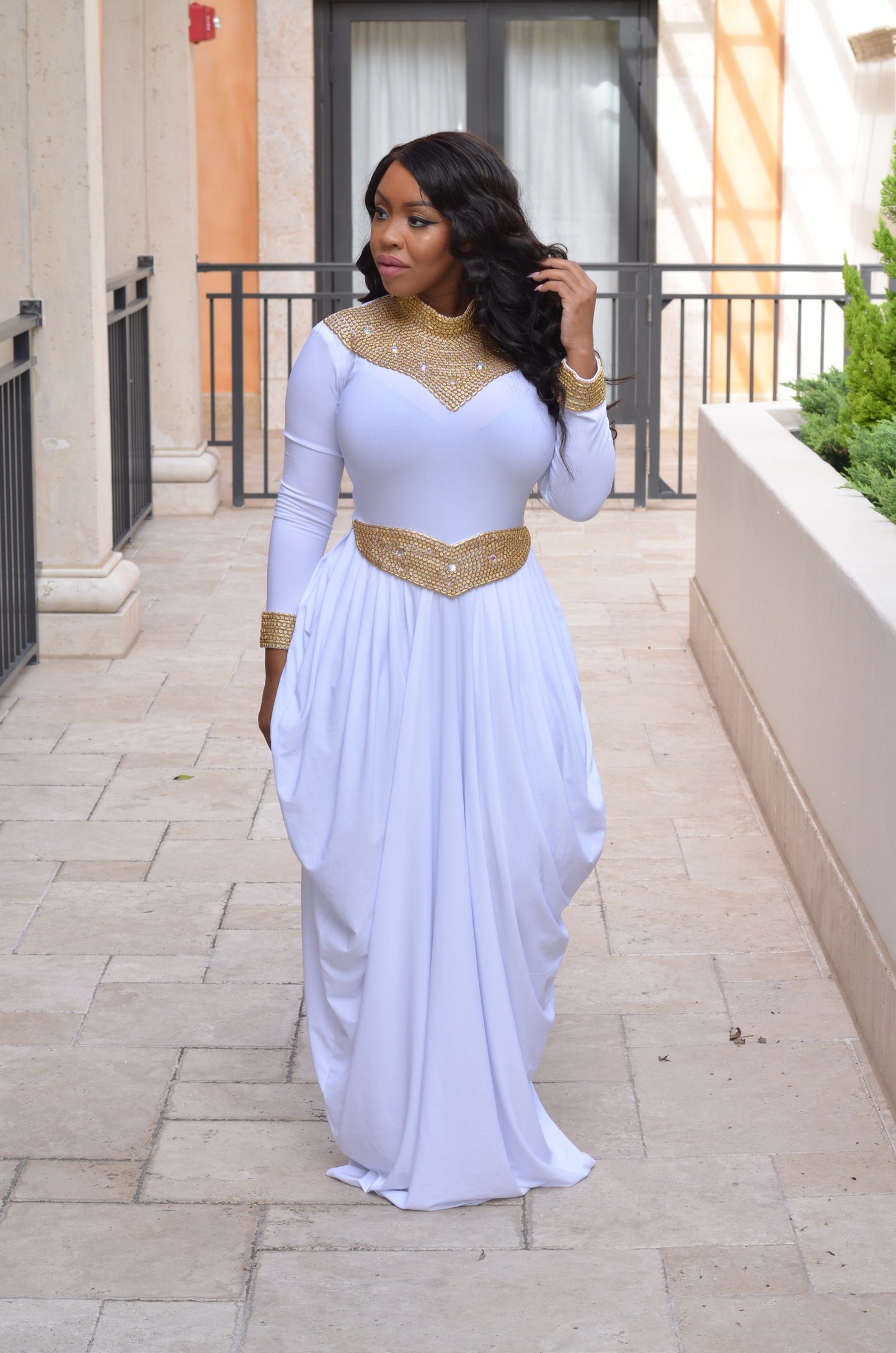 Mandira royal dress (white with gold beads)