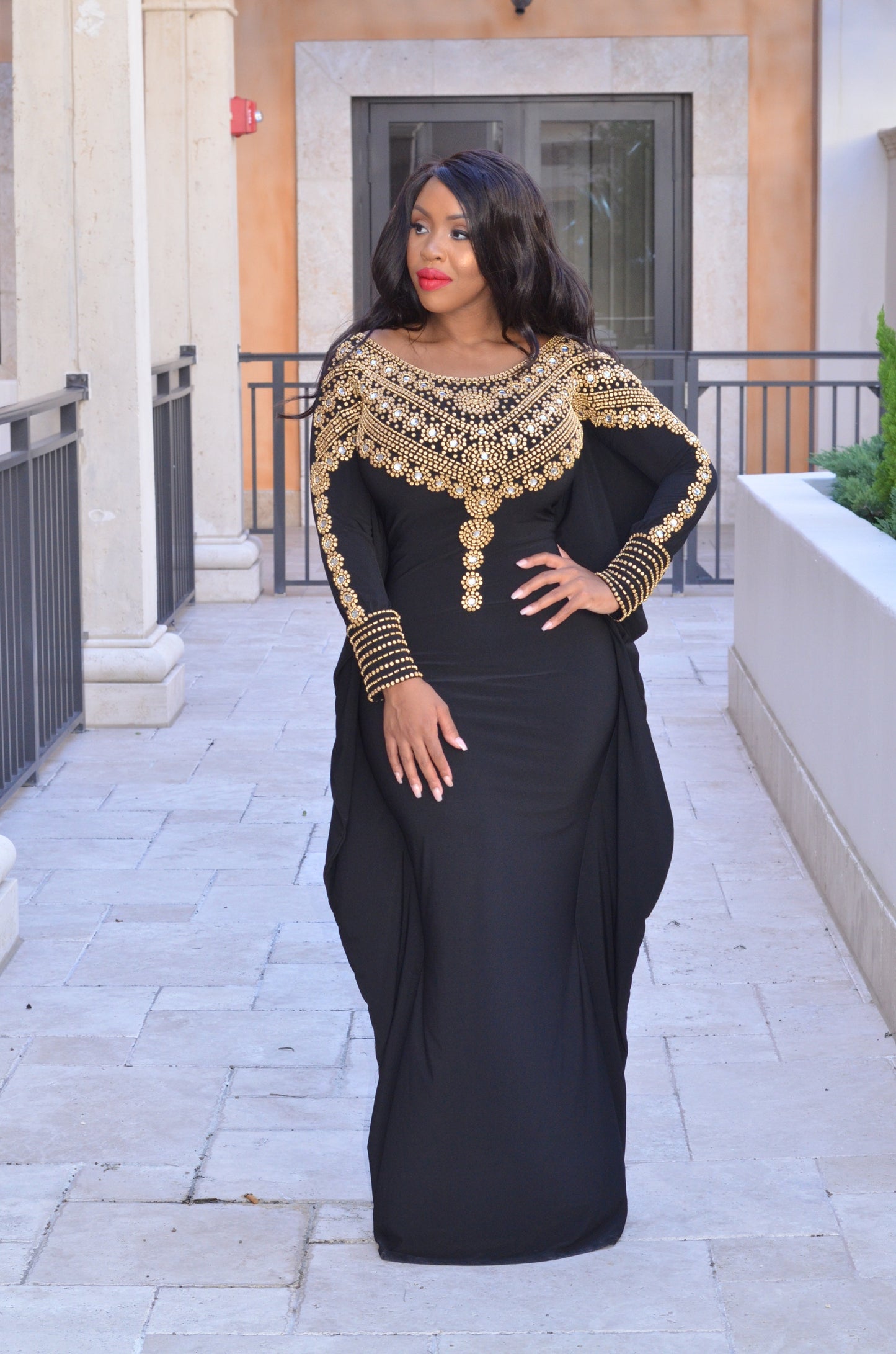 Maya kaftan dress (black with gold beads)