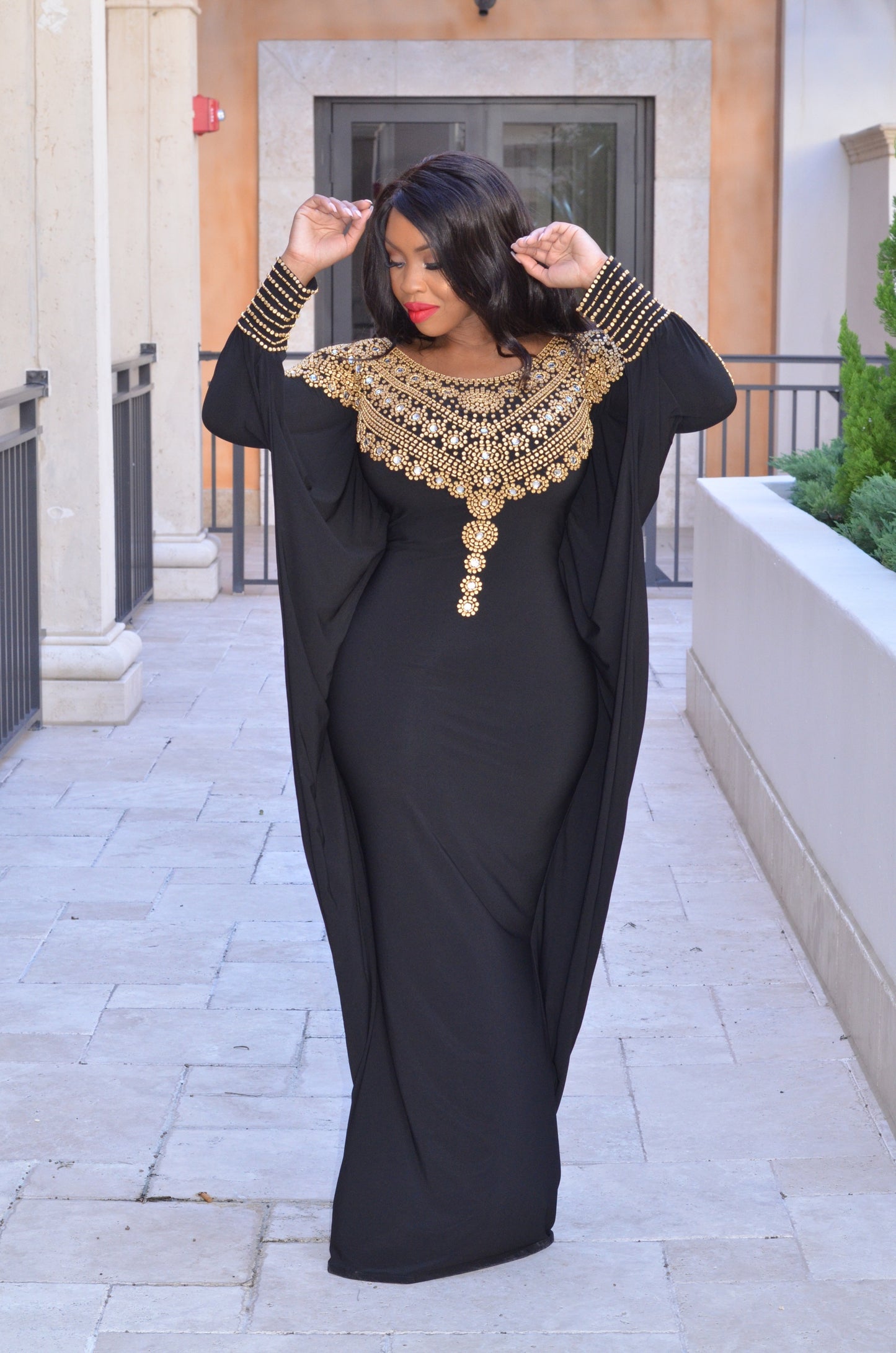 Maya kaftan dress (black with gold beads)