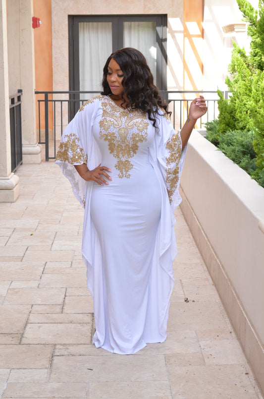 Royal primera kaftan (white with gold beads)