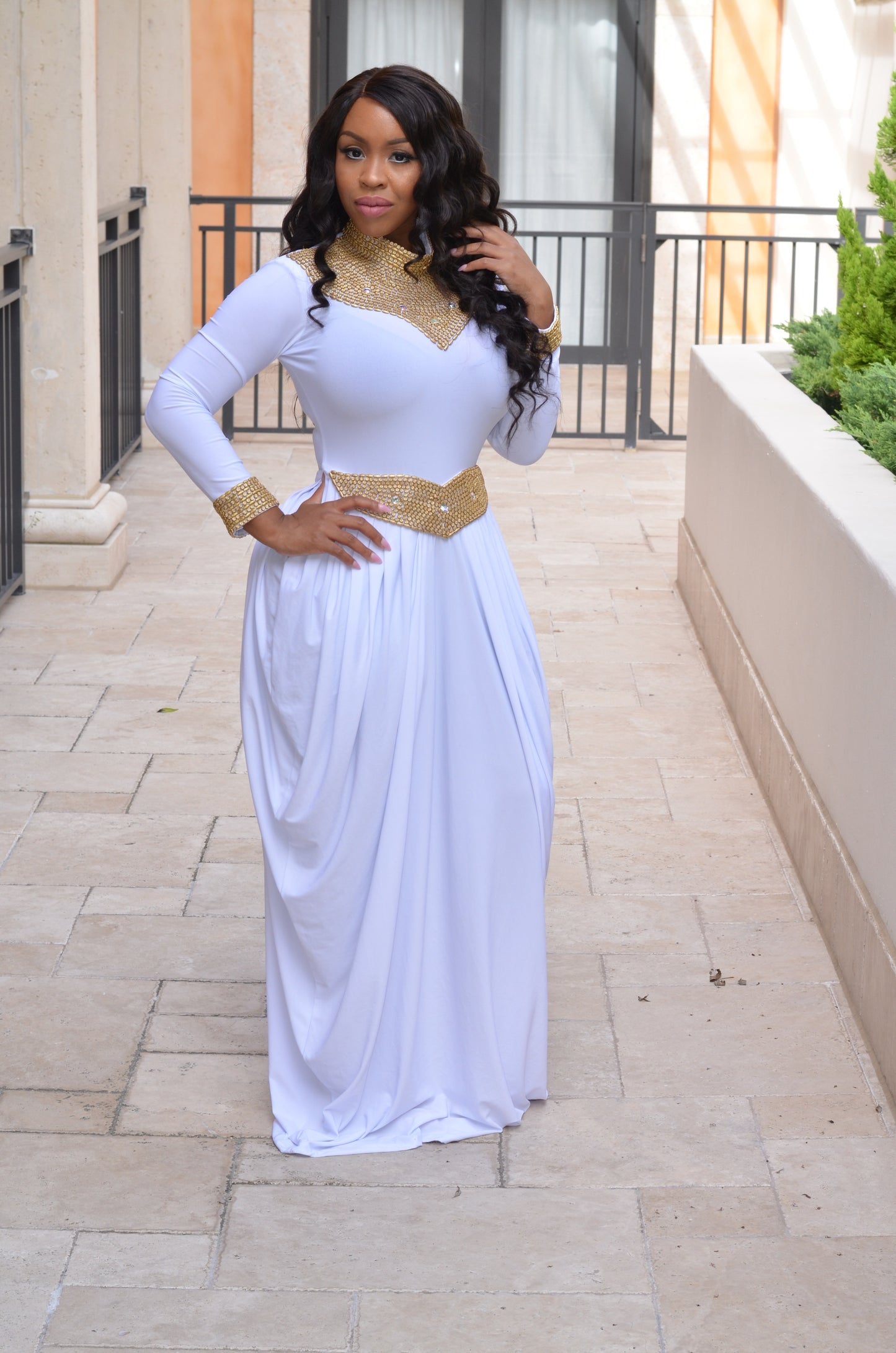 Mandira royal dress (white with gold beads)