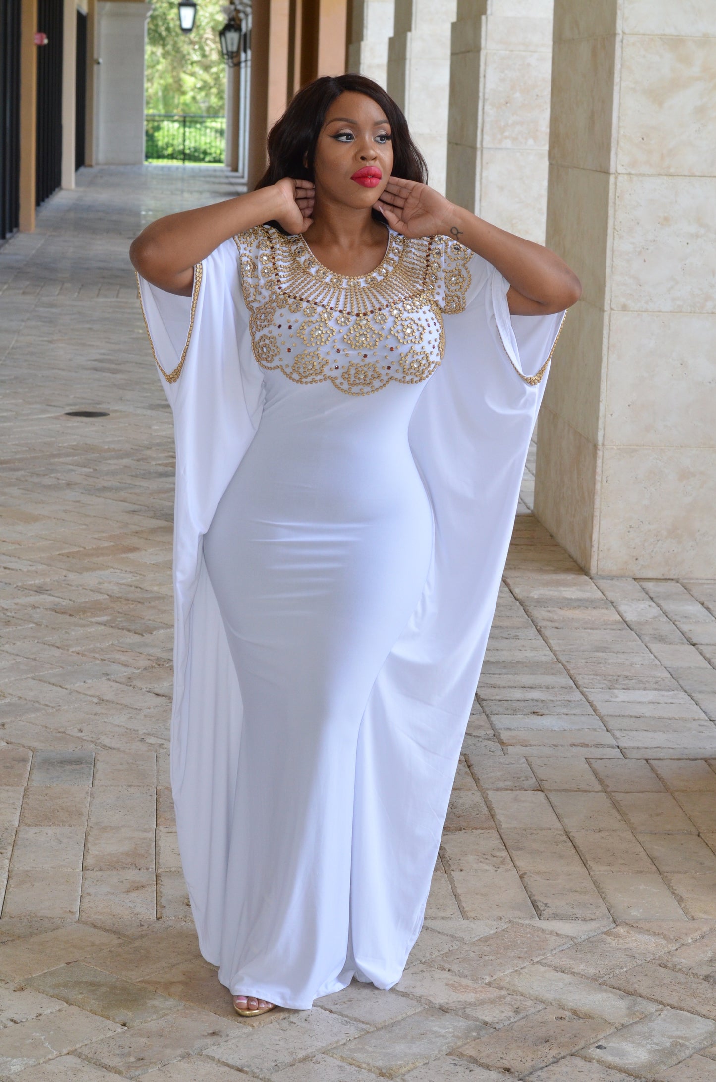 Cleopatraa royal kaftan (white with gold beads)