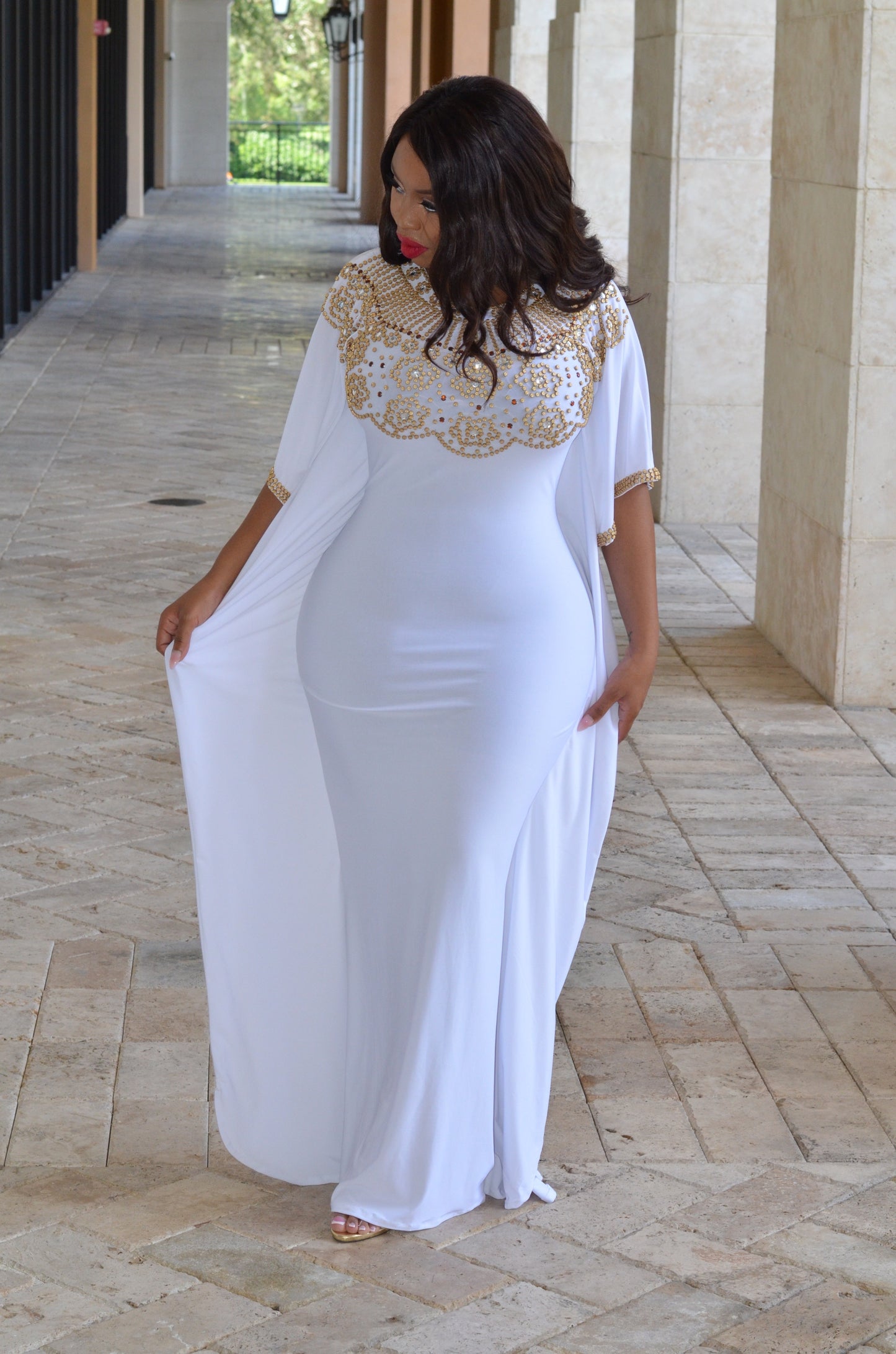 Cleopatraa royal kaftan (white with gold beads)